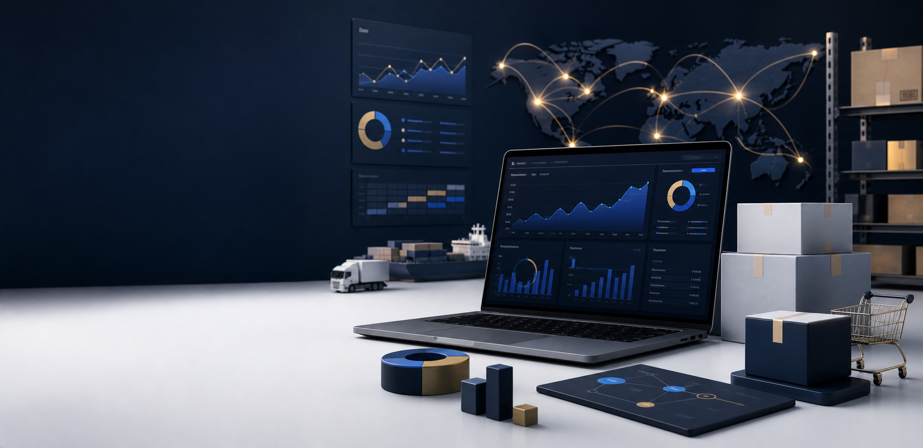 Premium ecommerce operations visual with product boxes, dashboards, and logistics elements